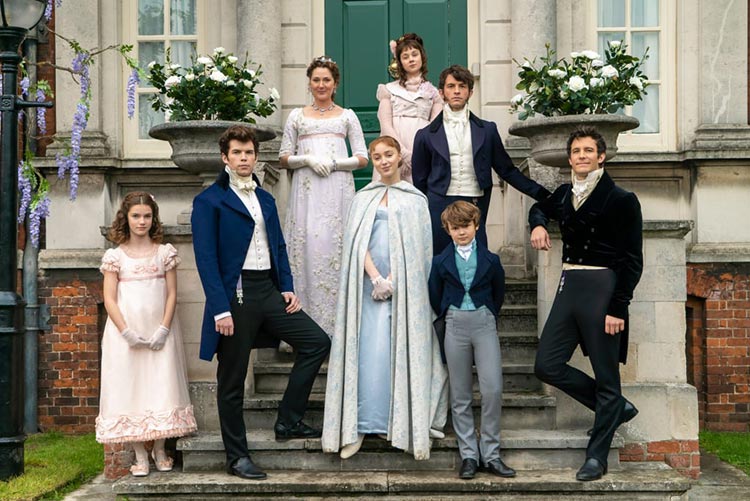 The Bridgerton family in their posh pastels: Hyacinth (Florence Hunt), Colin, Lady Violet Bridgerton (Ruth Gemmell), Daphne (Phoebe Dynevor), Eloise (Claudia Jessie), Anthony (Jonathan Bailey) and Gregory (Will Tilston) and Benedict (Luke Thompson). Photo: Liam Daniel/Courtesy of Netflix