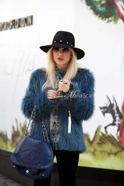London Fashion Week 2013 - women & fur jackets. blue