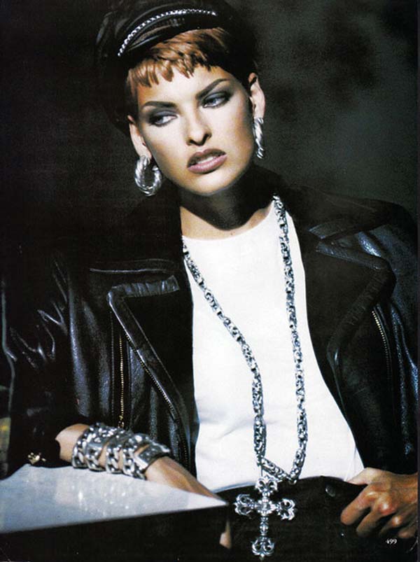 Linda Evangelista wearing a leather hat