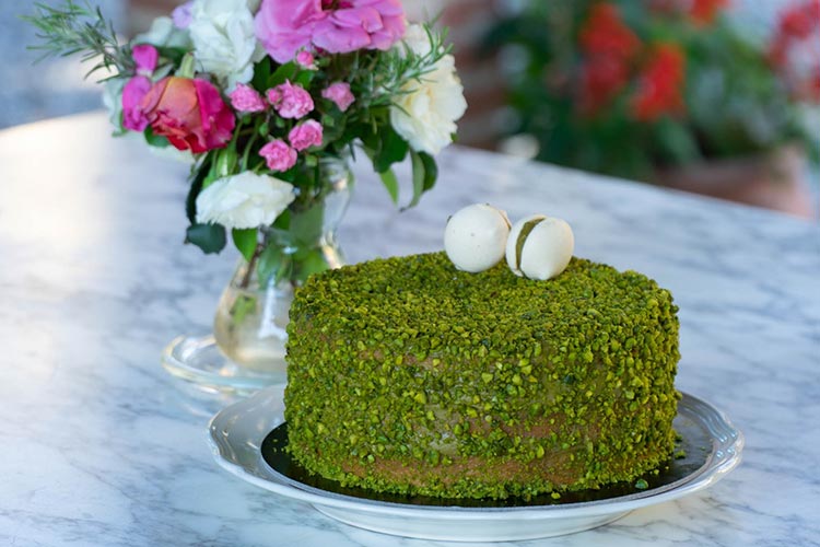 a small Asian tree (Pistacia vera) of the cashew family whose drupaceous fruit contains a greenish edible seed cake (1)