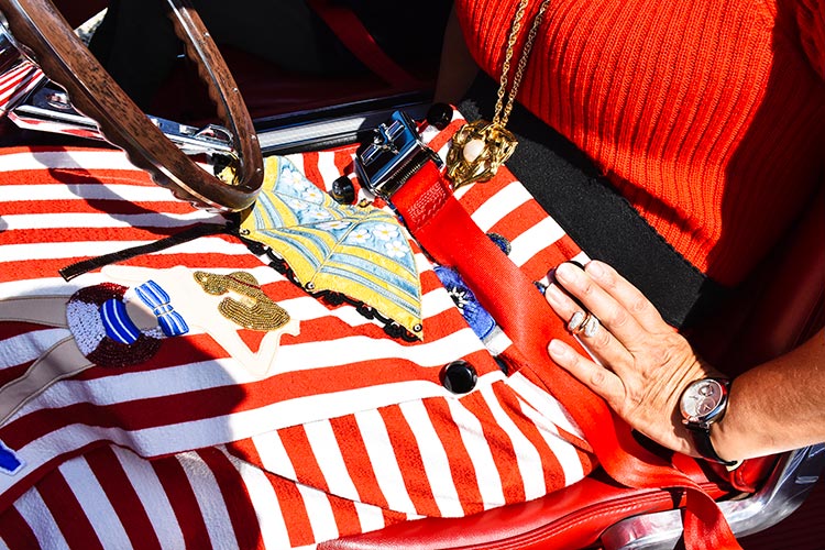 Gracie Opulanza wearing Dolce gabbana skirt in a vintage mustang (1)