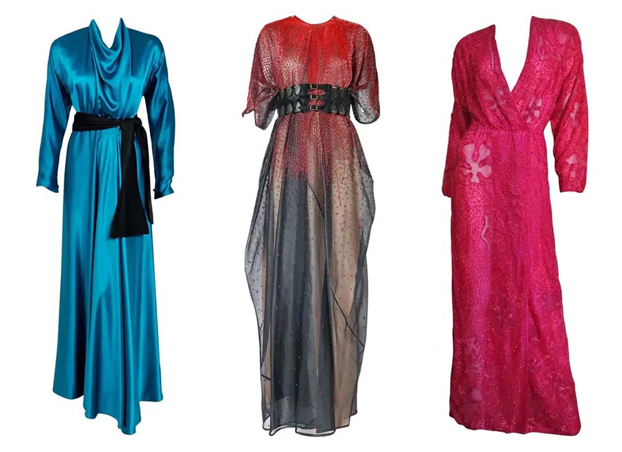 From left 1978 Halston Couture gown, &pound;1,301; 1970s Halston organza kaftan with red bugle beads, &pound;3,036; 1970s Halston beaded wrap gown, &pound;3,470