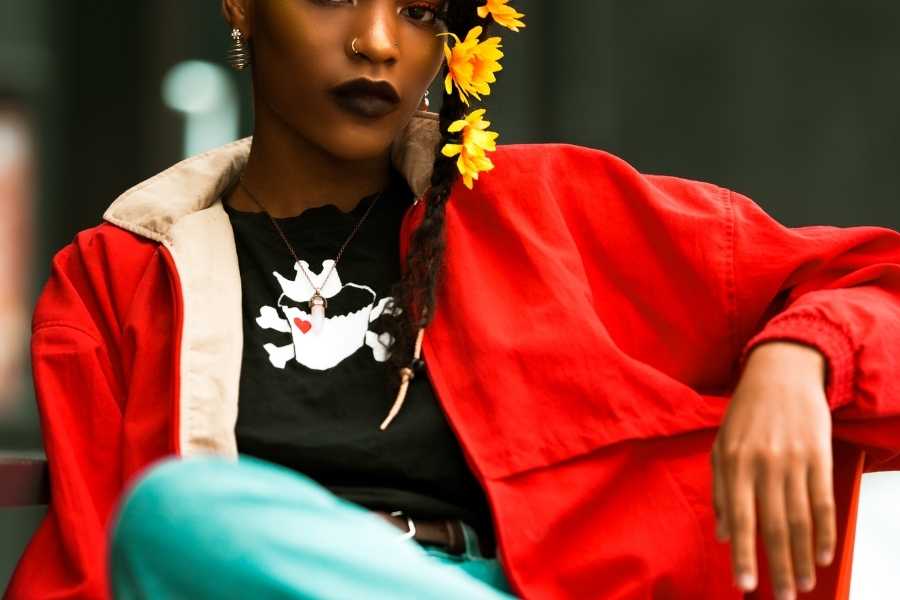 red jacket with denim