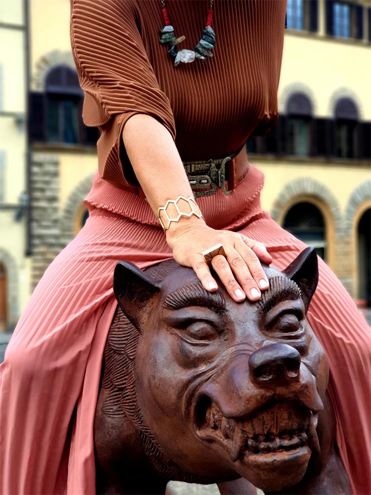 NKb London gold plated acessories Gracie Opulanza Florence sitting on a wolf art.