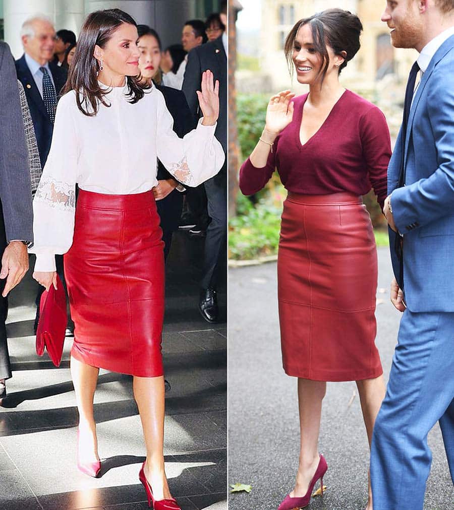 pencil skirt WWIB-Queen-Letizia-Meghan-Markle-Same-Red-Skirt-Promo