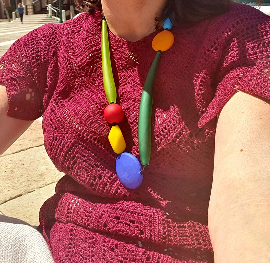 Gracie-Opulanza-crotchet-dress-wearing-Murano-Glass-necklace-2021-Venice-2