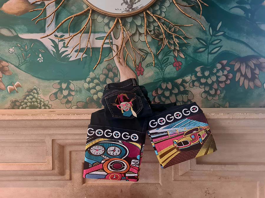 Kingfly embroidery Gracie Opulanza denim car jeans Aston Martinn Vantage Chipping Camden