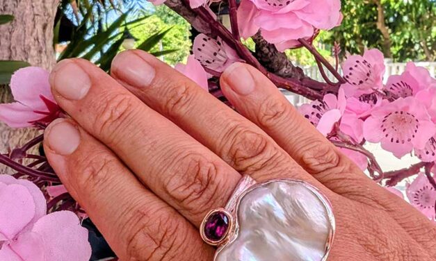 Tourmaline Stone Silver Ring with Baroque Pearl