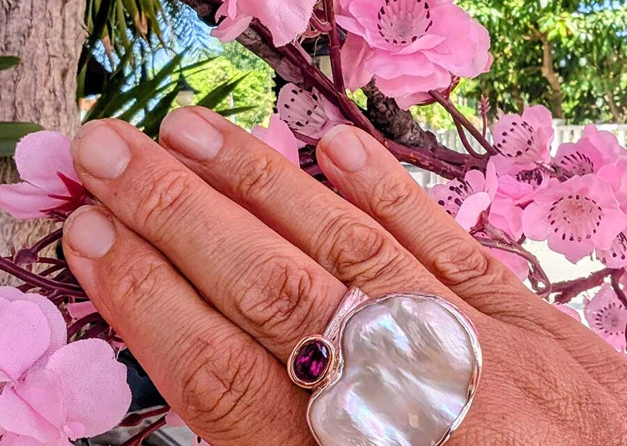 Tourmaline Stone Silver Ring with Baroque Pearl