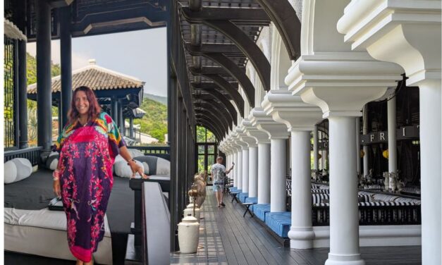 Intercontinental Da Nang – Vietnamese Silk Kaftan, Pearls, and Garden of Eden Slippers