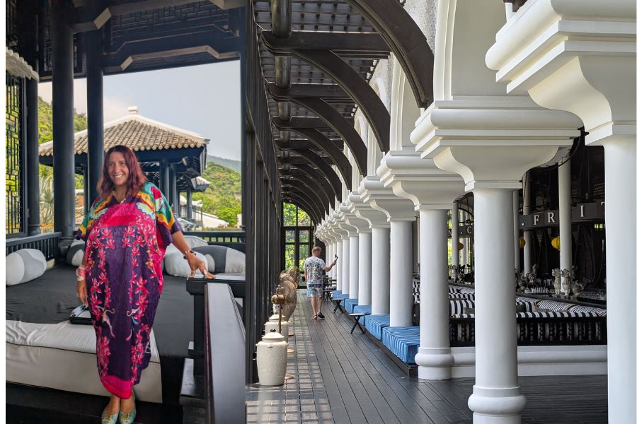 Intercontinental Da Nang – Vietnamese Silk Kaftan, Pearls, and Garden of Eden Slippers